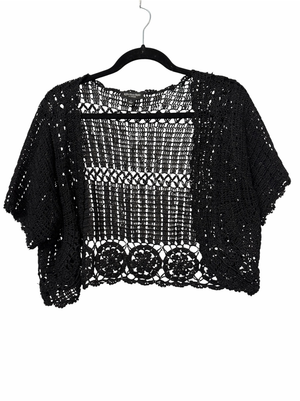 Effortless Style Citiknits Shrug Womens L Black Crochet Open Knit Short Sleeve